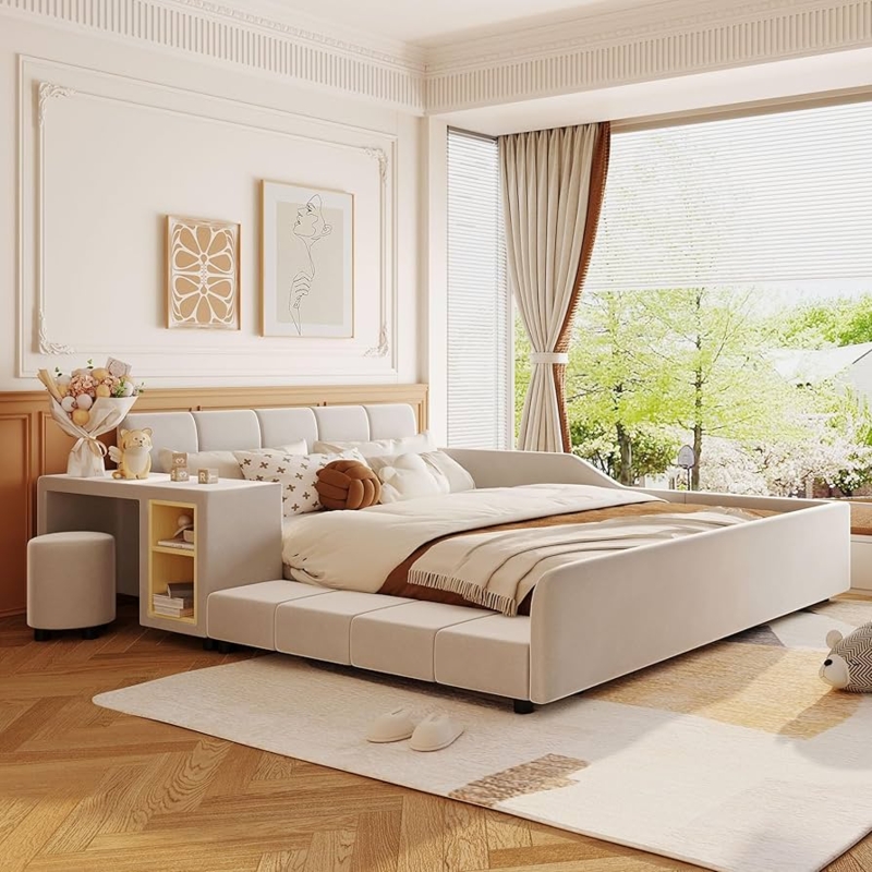Upholstered Platform Bed with Integrated Side Desk and Nested Stool