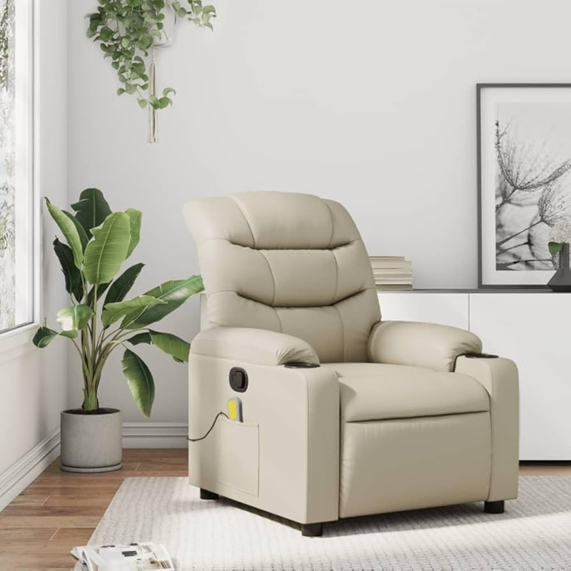 Upholstered Recliner Cream Faux Leather Sectioned Cushions