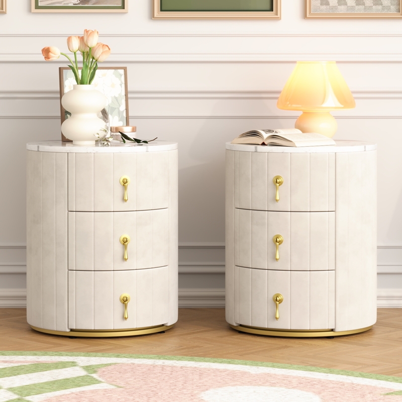 Upholstered Round Nightstand with Marbled Top