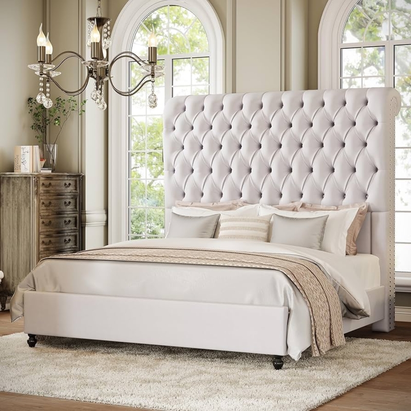 Upholstered Sleigh Bed Cream Velvet Deep Button Tufted Tall