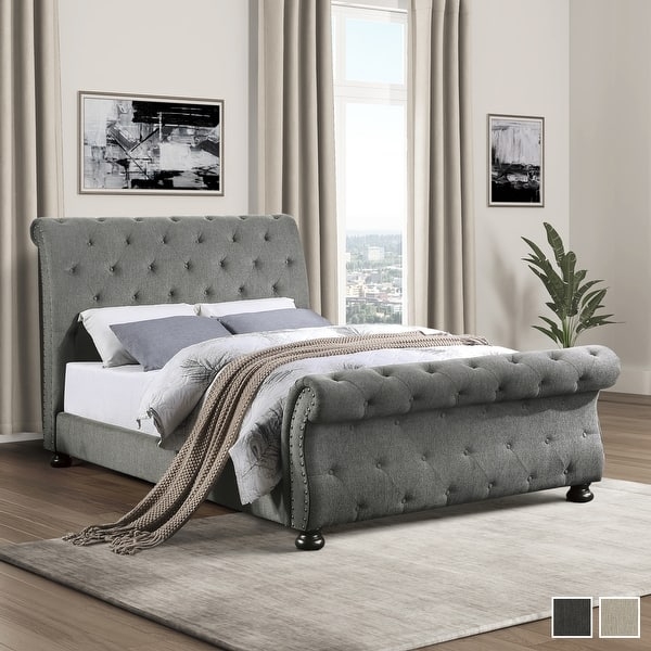 Upholstered Sleigh Bed Gray Diamond Button Tufting Classic Elegance