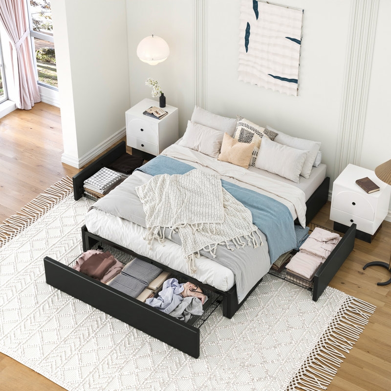 Upholstered Storage Bed with Block Tufting in Dark Gray
