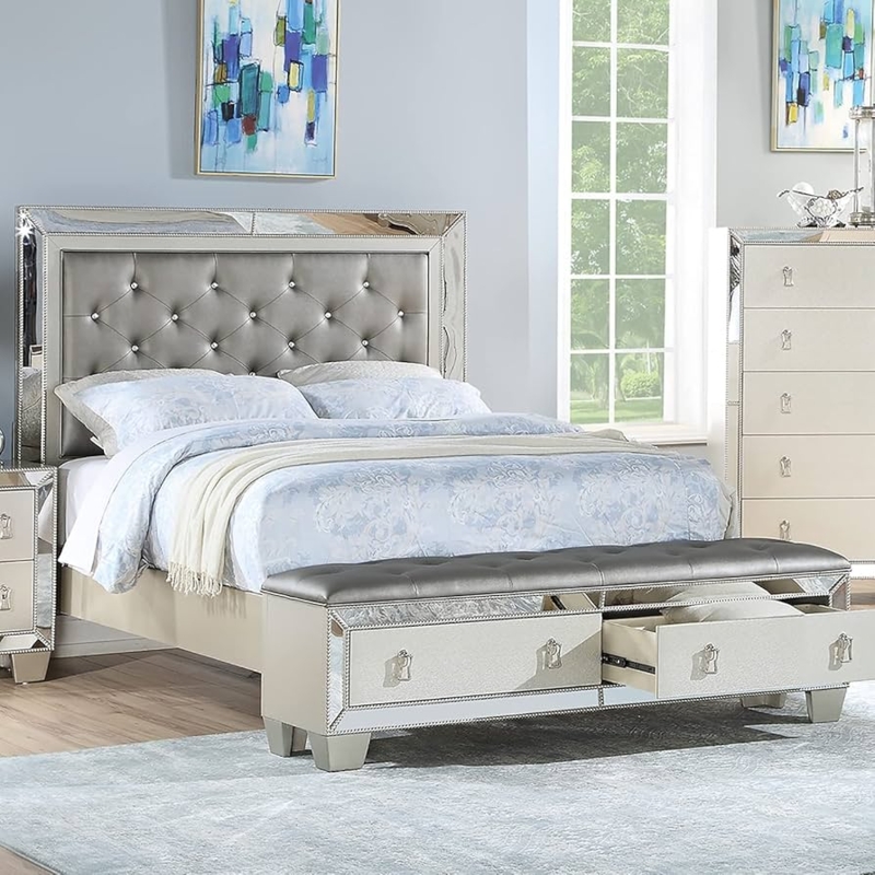 Upholstered Storage Bed with Footboard Drawers and Double Nailhead Trim