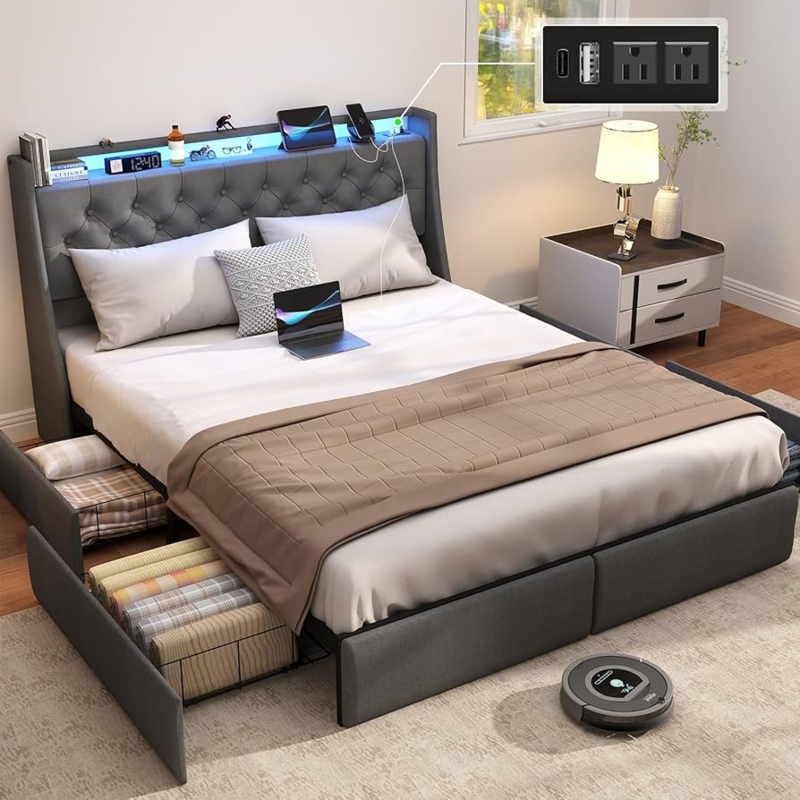 Upholstered Storage Bed with LED Lighting