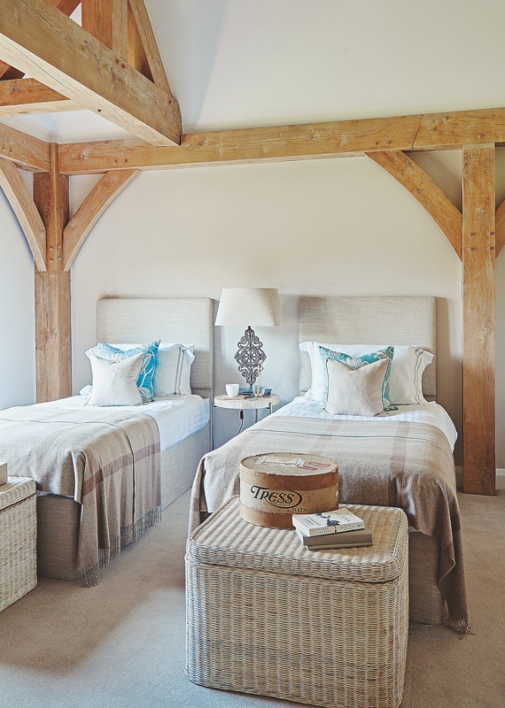 Upholstered Twin Beds with Wingback Headboards Symmetrical Layout