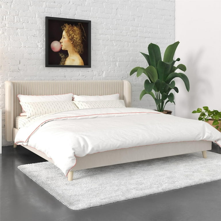 Upholstered Wingback Bed in Ivory Velvet with Curved Profile