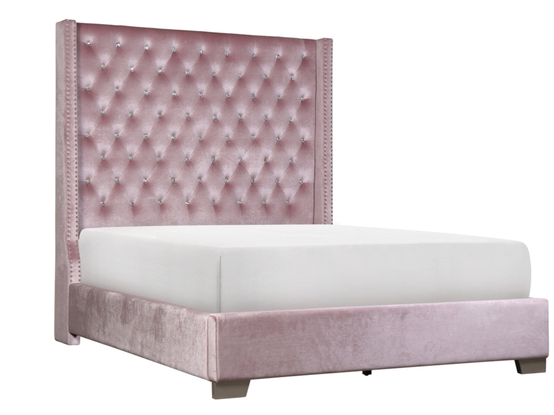 Upholstered Wingback Bed, Vertical Channeling Pink Velvet Tall Headboard