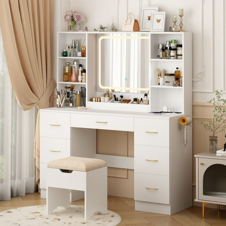 Vanity Desk Glam White Trifold LED Mirror Hair Dryer Rack