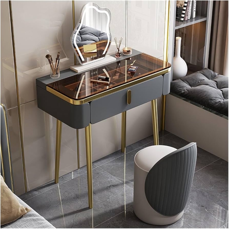 - Vanity Desk Makeup Vanity with Glam Glass Top Makeup Table  with Mirror and Chair Vanity Desk with Metal Table Legs Makeup Dressing  Table,Champagne 100cm