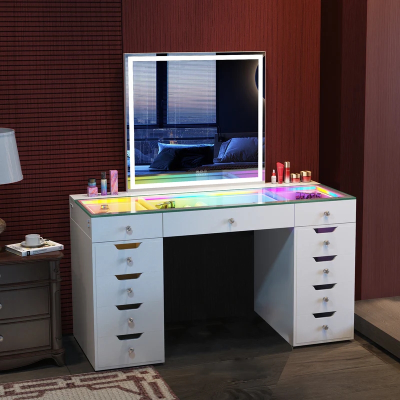 Vanity Desk with Acrylic Pulls, Hollywood Mirror, Tufted Back Gold Finish