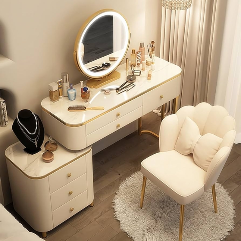 Vanity Desk with Arched Mirror Set, White & Gold 6-Drawer Storage