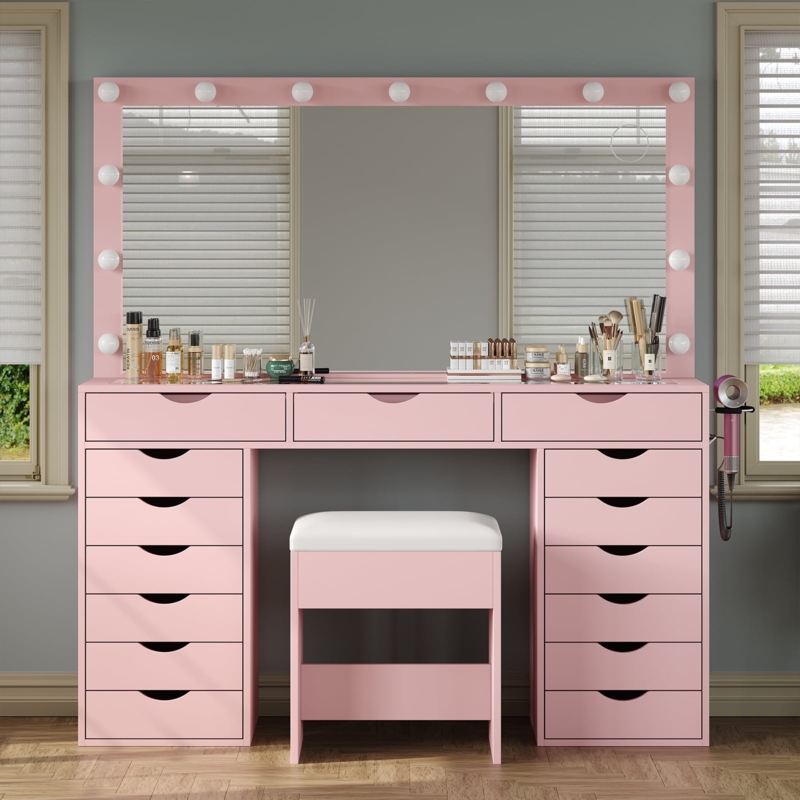 Vanity Desk with Fifteen Drawers, Hollywood Mirror, Glass Top & Large Hollywood Mirror Dressing Table