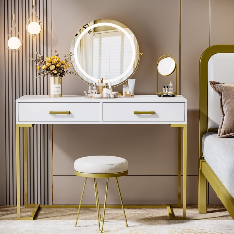 Vanity Desk with Gold Cross Legs and Ribbed Drawers White Finish