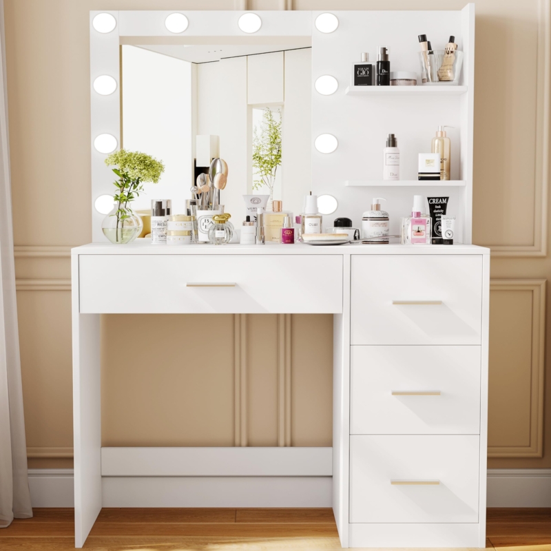 Vanity Desk with Tiered Drawers and Open Shelving, Lighted Mirror