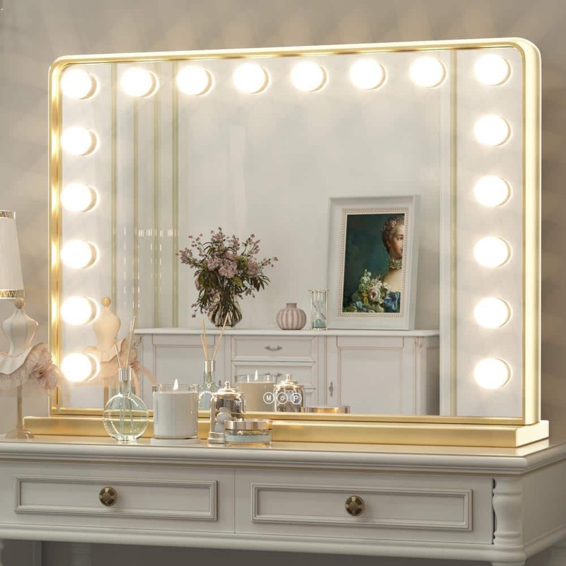 Vanity Mirror with Fourteen Bulbs and Tabletop Stand Brass Gold