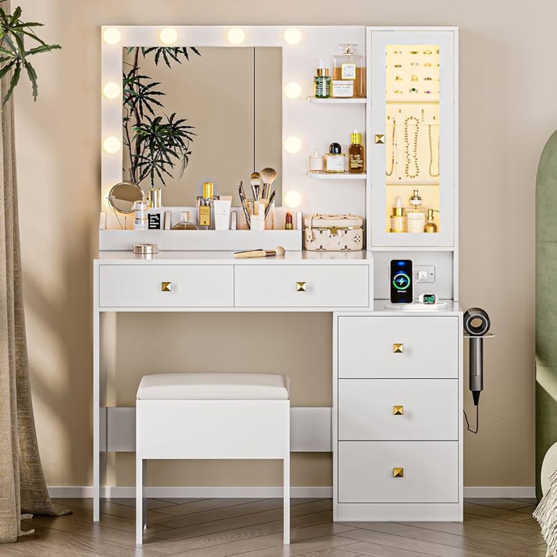 Vanity Set featuring Arched LED Mirror and Lighted Glass Cabinet