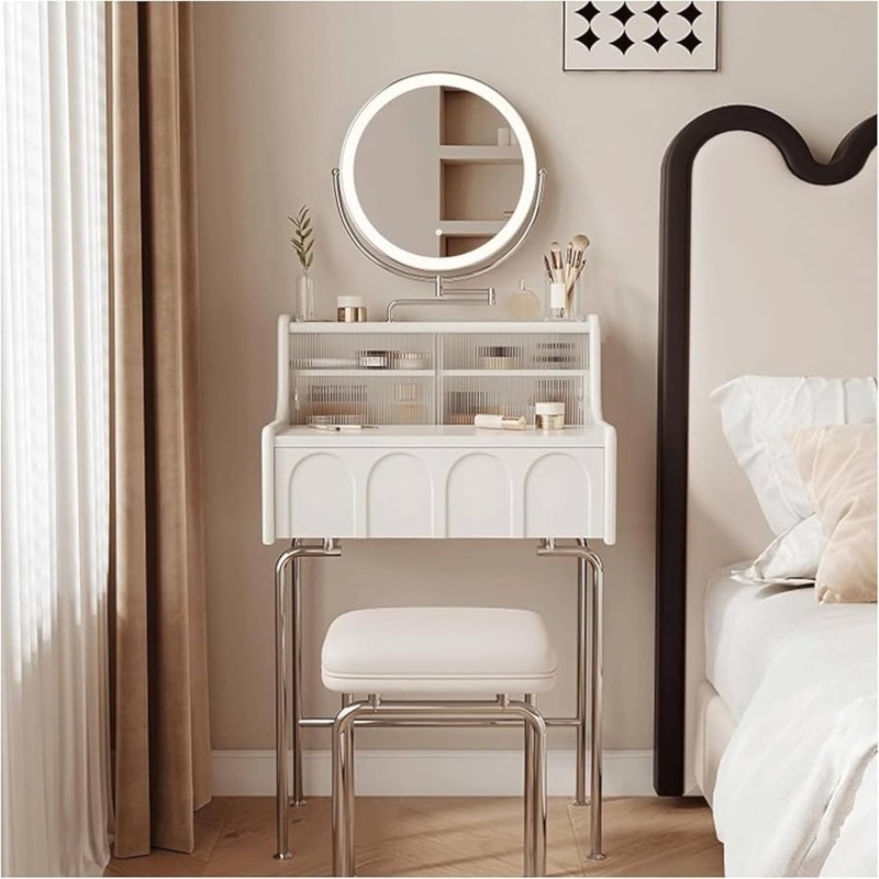 Vanity Set: Gold Cylindrical Pedestal Base, LED Mirror for Small Spaces.