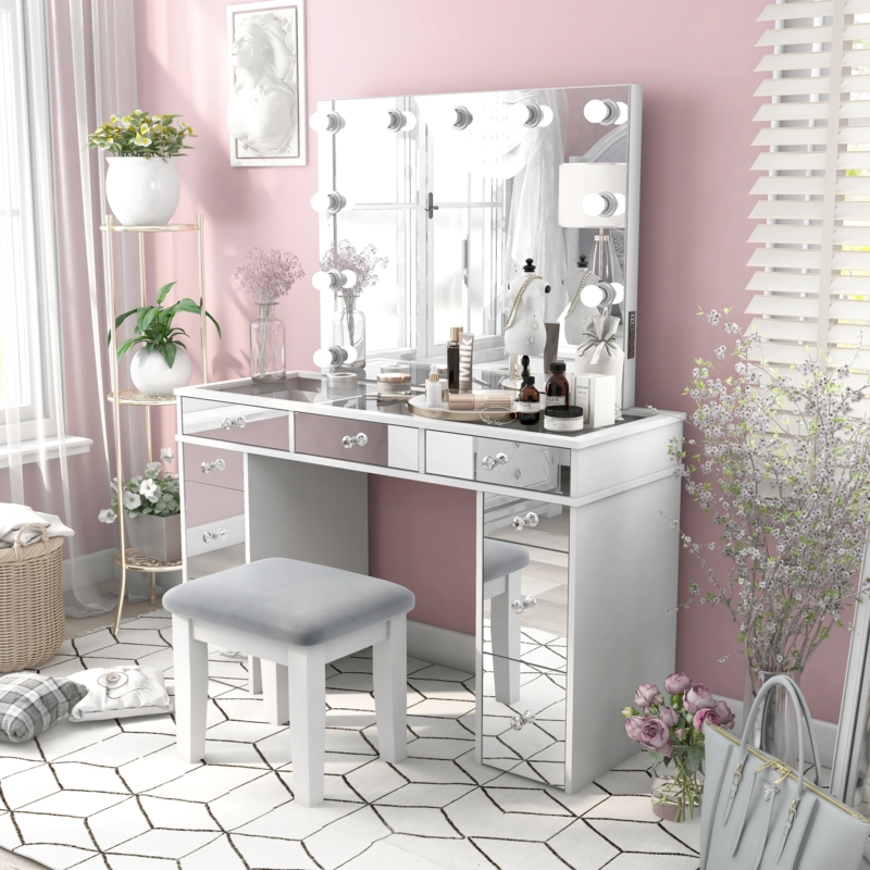 Vanity Set Integrated Mirror Lights Crystal Knobs Tapered Legs