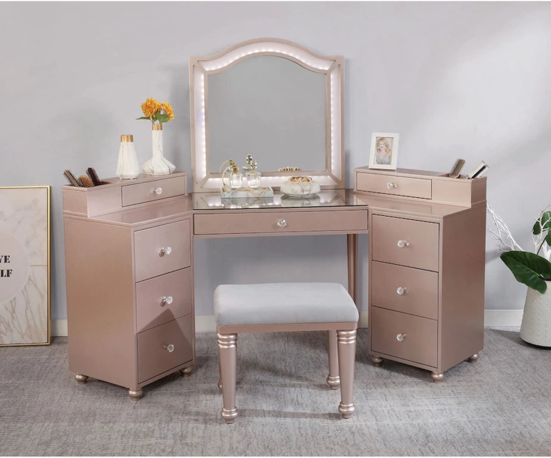 Vanity Set Pink Ribbed Texture with LED Mirror Stone Top