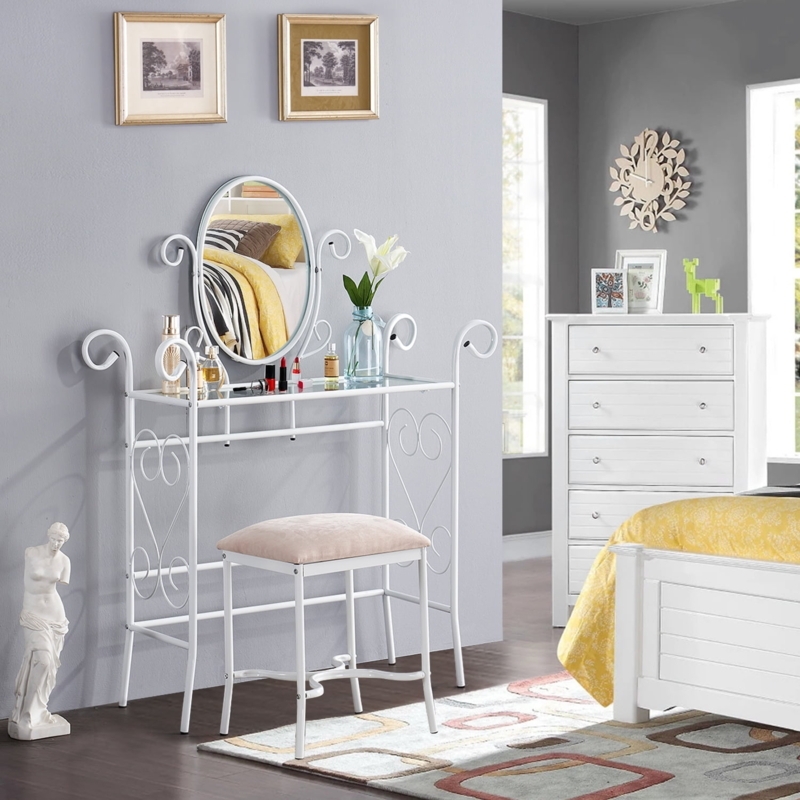 Vanity Set: White Scrolled Metal Frame, Storage Shelf. Shabby Chic Style.