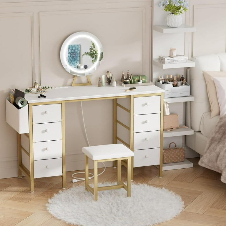 Vanity Set with Fabric Drawers, Lighted Mirror, and Integrated Power