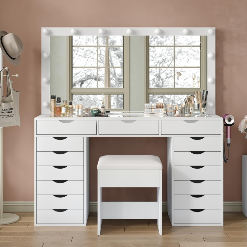 Vanity Set with Glass Top, Tufted Bench & White Vanity with Lighted Mirror