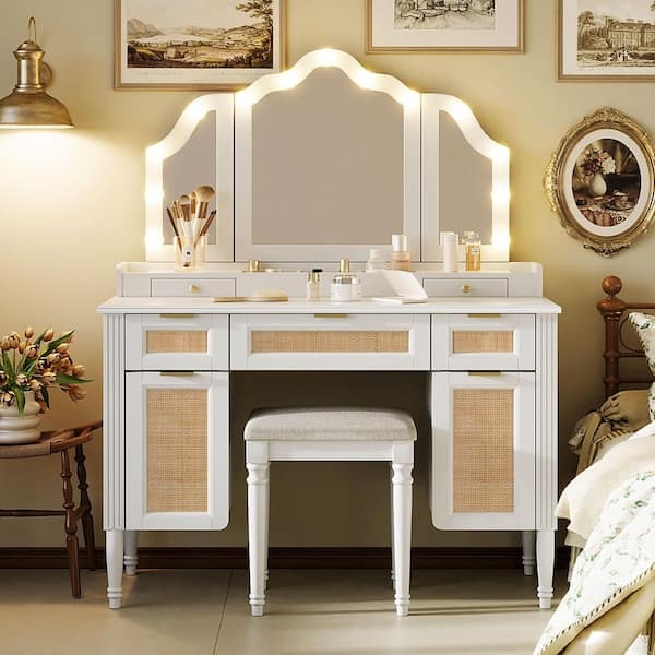 Vanity Set with Hollywood Bulbs, Tri-Fold Mirror, and Side Shelving