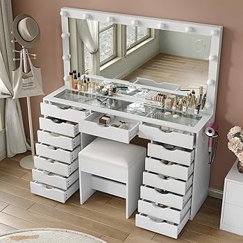 Vanity Set with Integrated LED Bulbs, Glass Top & White Glam Vanity with Storage