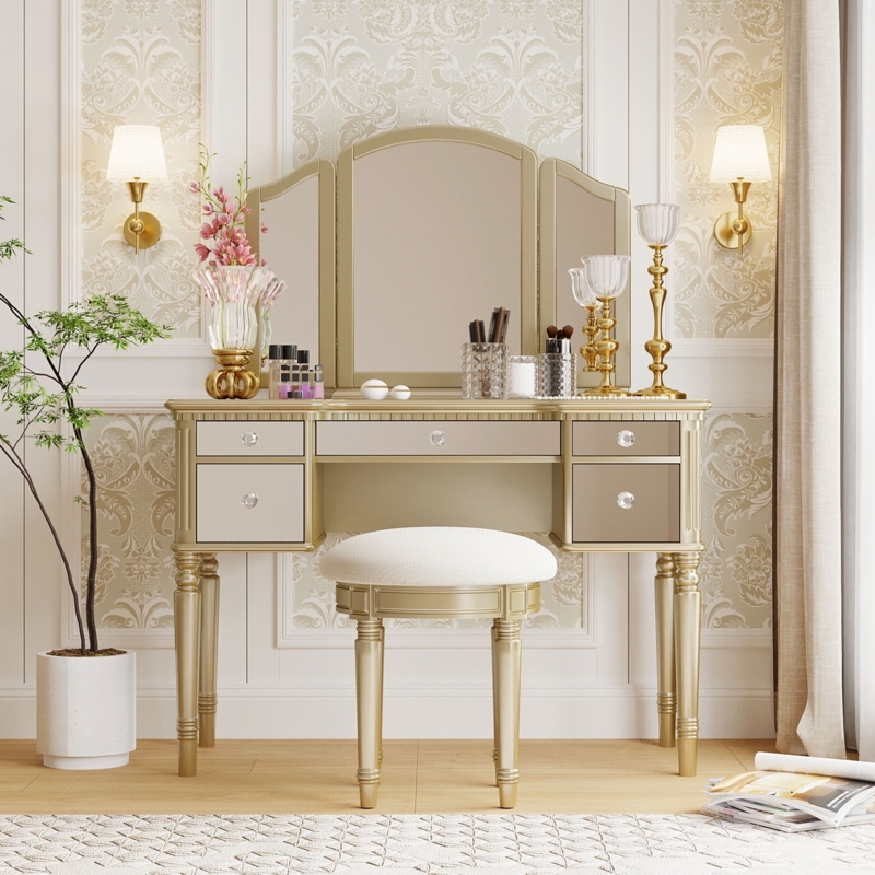 Vanity Set with Mirrored Drawer Fronts and Tri-Fold Mirror Gold