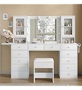 Vanity Set with Power Outlet, 15 Drawers, Glass Top & Dressing Room Vanity with Power
