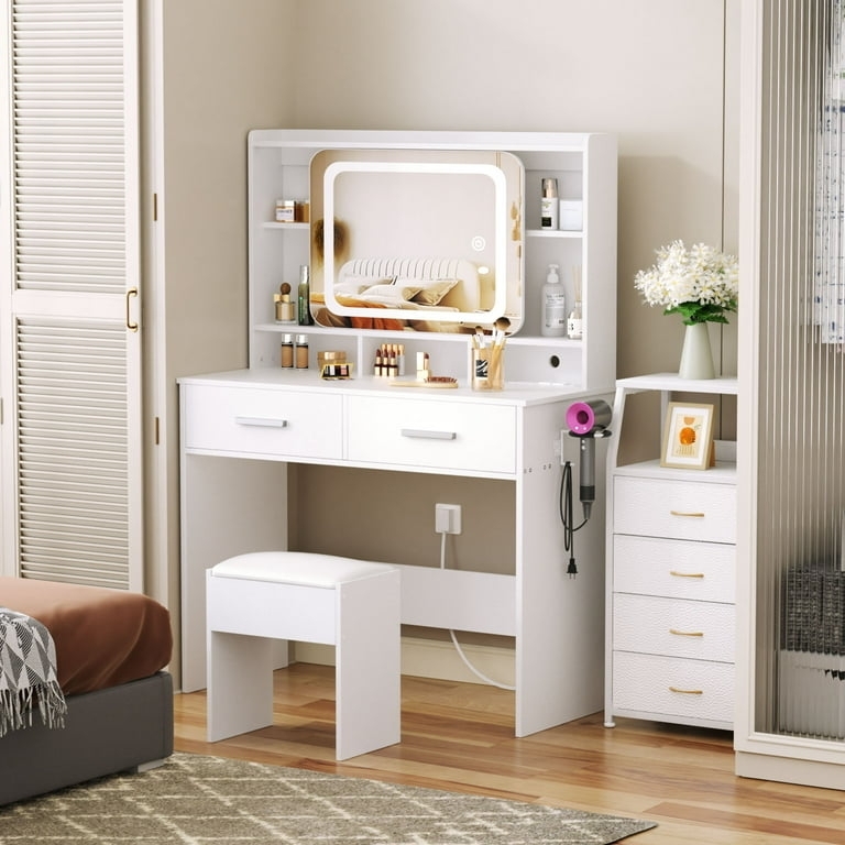Vanity Set with Sliding LED Mirror and Integrated Charging Station
