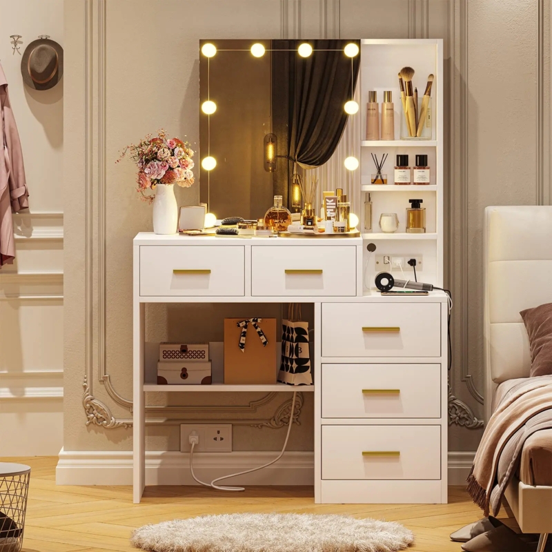 Vanity Set with X-Base Stool, Fluted Drawers, and LED Mirror White
