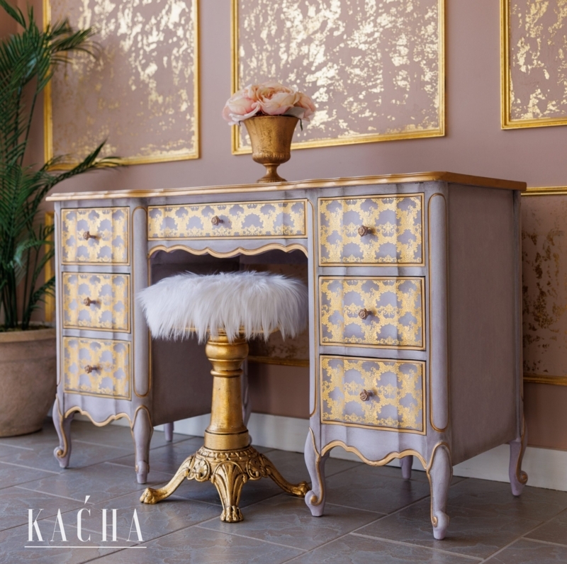Vanity Table Distressed Gold Triptych Mirror Shaggy Stool French Style
