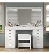 Vanity Table with 15 Drawers, Glass Top & Glam White Makeup Vanity Set