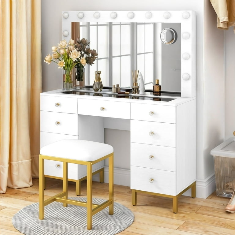 Vanity Table with Nine Drawers and Charging Station White & Gold