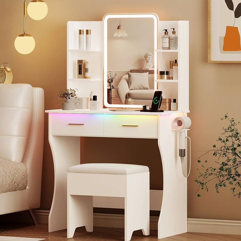 Vanity Table with Power Outlet, LED Mirror, Gold Legs, Modern Glam