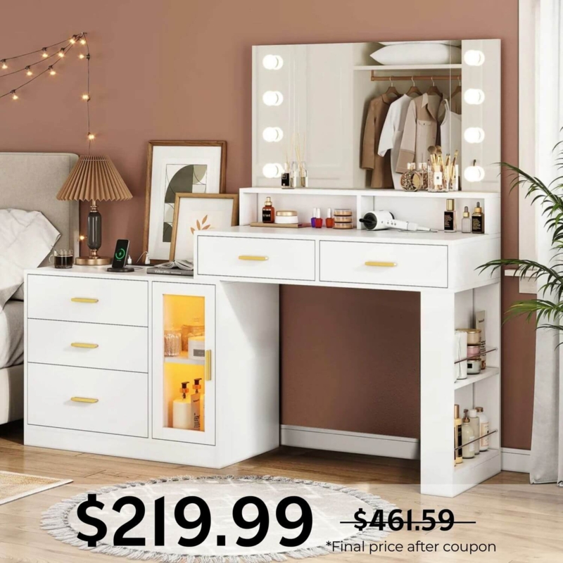 Vanity with Built-In Charging Station and Illuminated Mirror