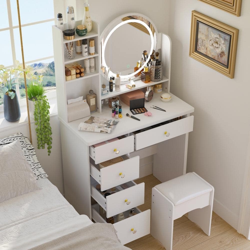 Vanity with Illuminated Round Mirror and Gold Metal Legs