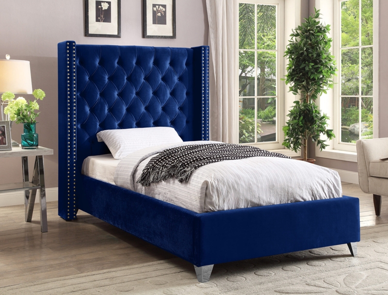 Velvet Bed Frame with Gold Nailhead Trim