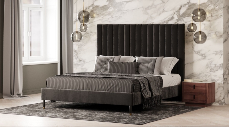 Velvet Platform Bed Vertical Channeled Headboard Low Profile