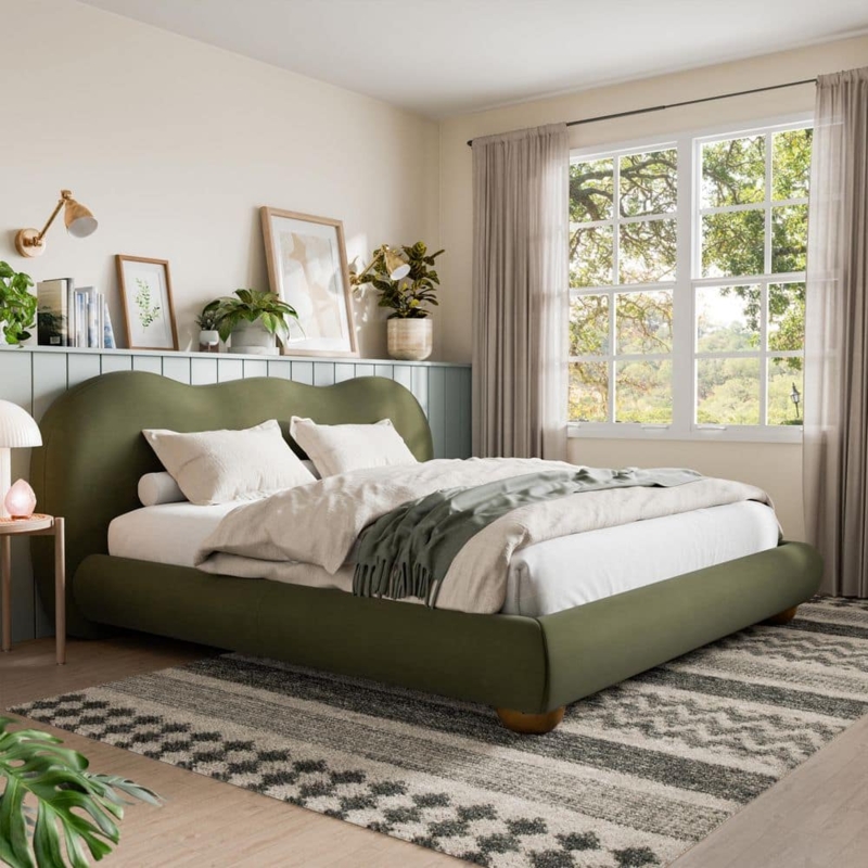 Velvet Platform Bed with Curved Channel Headboard and Bun Feet