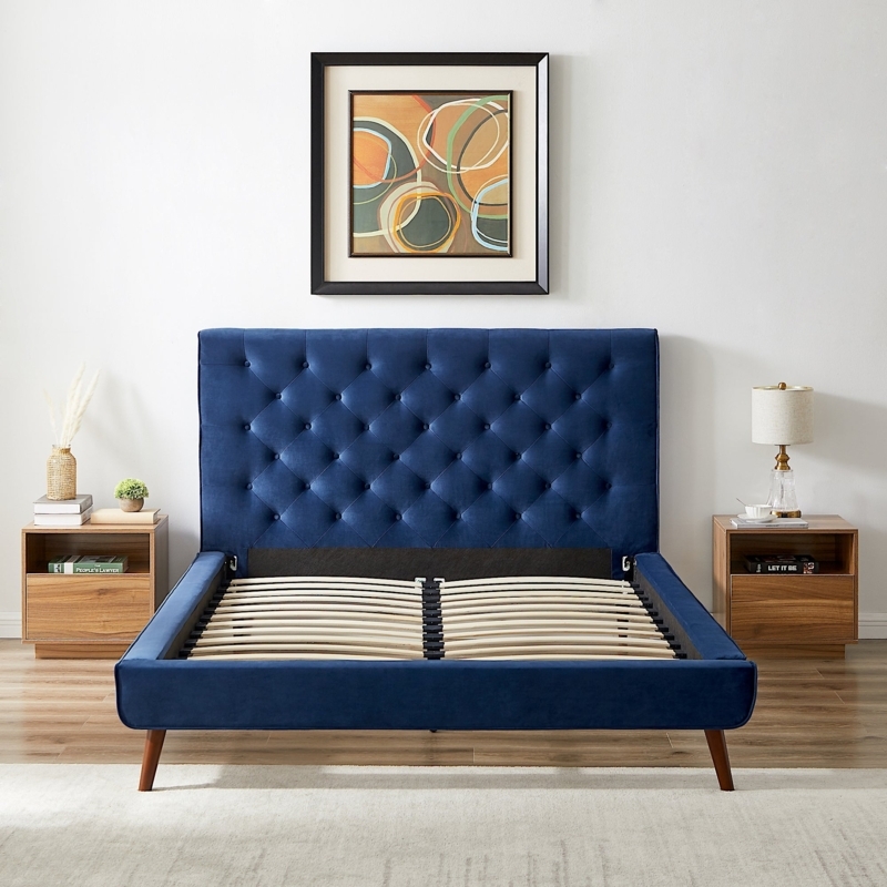 Velvet Platform Bed with Gold Tapered Legs