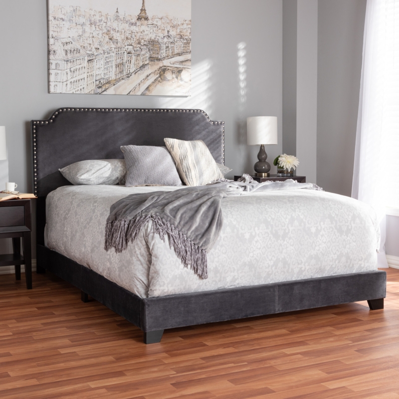 Velvet Wingback Bed Upholstered with Silver Nailhead Trim Glam