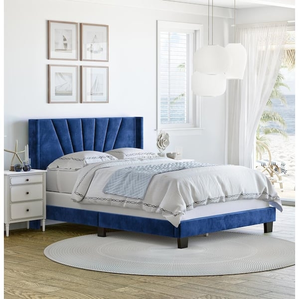 Velvet Wingback Platform Bed with Diamond Tufting