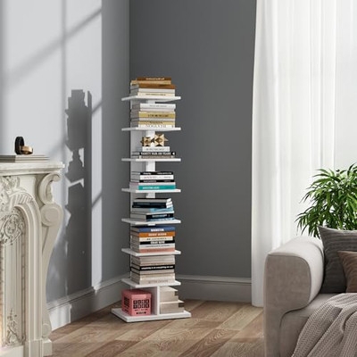 Vertical Bookshelf, 8-Tier Spine Design, Narrow Profile, Wood-Toned Finish