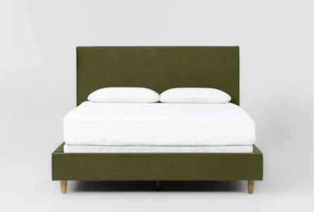 Vertical Paneled Olive Green Velvet Upholstered Bed
