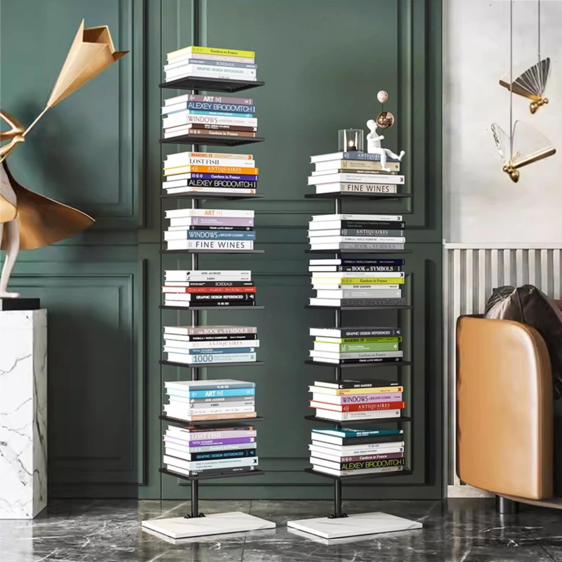 Vertical Tower Bookshelf Matte Black Metal for Modern Living Room