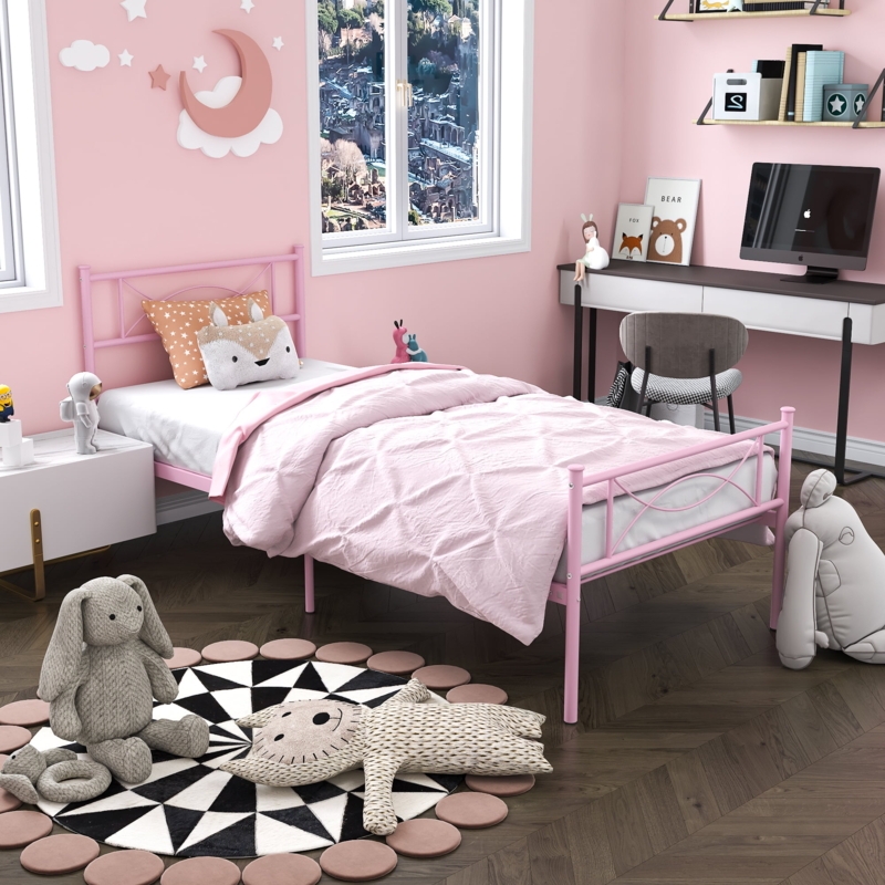 Vibrant Pink Metal Platform Bed with Slatted Design for Modern Kids Room.
