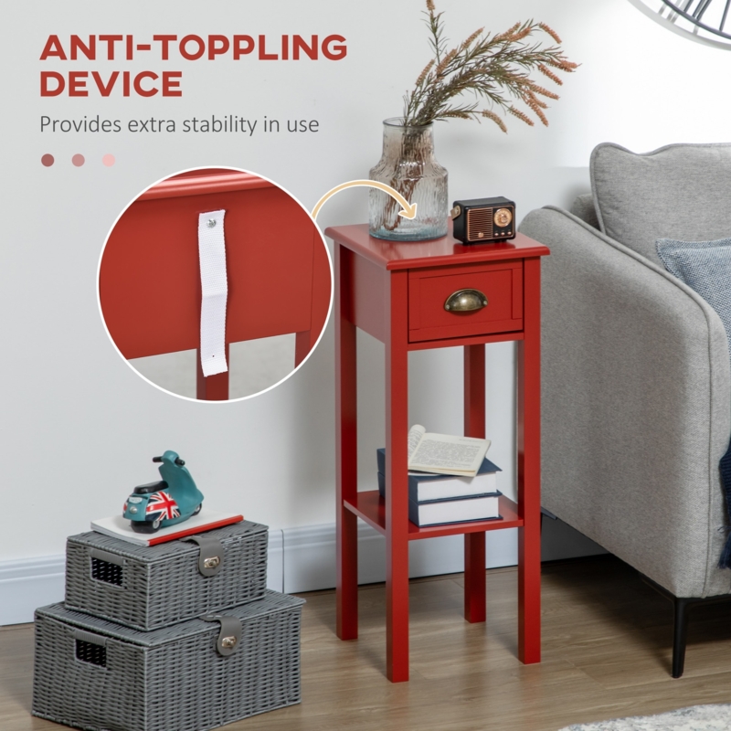 Vibrant Red Rectangular Accent Table with Tapered Legs and Drawer