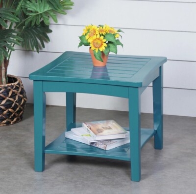 Vibrant Teal Side Table with Slatted Top and Lower Storage Shelf